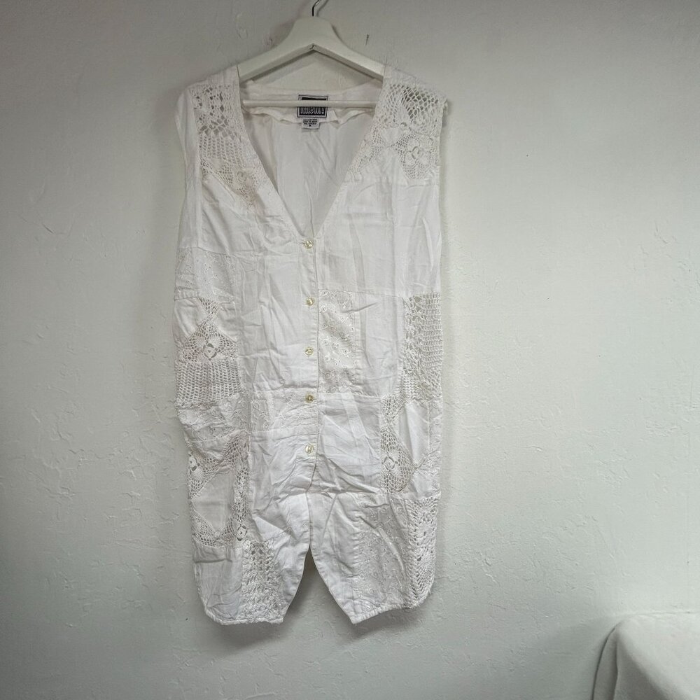Ime In! Womens Embroidered Crochet Lace Button-Down Vest Top Medium White Cotton